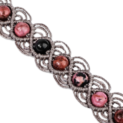 Rhodonite beaded macrame bracelet, 'Graceful Orbs' - Rhodonite Beaded Macrame Bracelet Handmade in Armenia