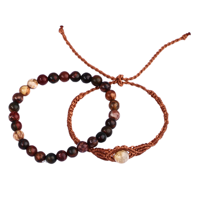 Jade macrame pendant and beaded stretch bracelets, 'Exquisite Duo' (pair) - 2 Jade Macrame Pendant and Beaded Stretch Bracelets in Brown