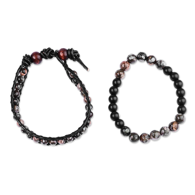 Men's leather and agate beaded bracelets, 'Shadow Energies' (set of 2) - Men's Black Leather and Dark Agate Bracelets (Set of 2)