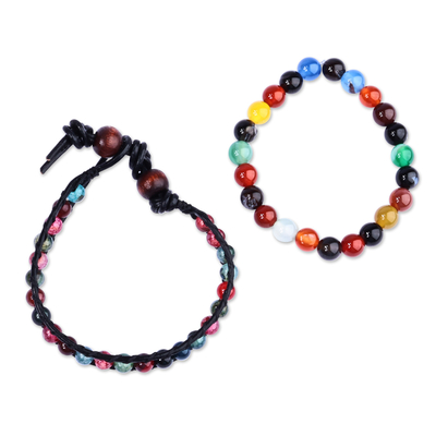 Leather and agate beaded bracelets, 'Harmonious Energies' (set of 2) - Black Leather and Natural Agate Bracelets (Set of 2)