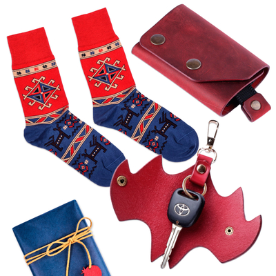 Set de regalo seleccionado - Set de regalo seleccionado en mezcla de algodón y cuero rojo y azul