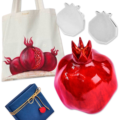 Curated gift set, 'Trendy Pomegranate' - Pomegranate Tote Bag Earrings and Figurine Curated Gift Set