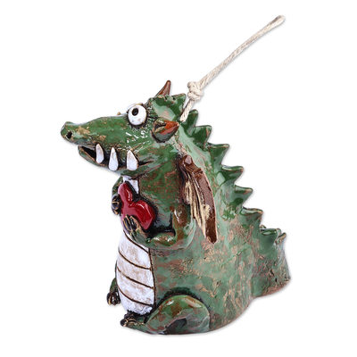 Ceramic bell ornament, 'Dragon Love' - Handcrafted and Painted Green Dragon Ceramic Bell Ornament