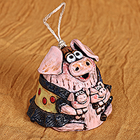 Ceramic bell ornament, 'Momma Pig' - Hand-Painted Mother Pig with Piglets Ceramic Bell Ornament