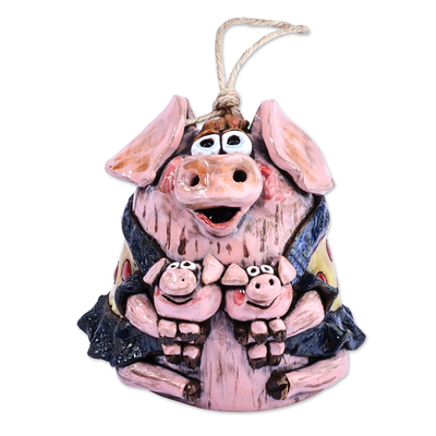 Ceramic bell ornament, 'Momma Pig' - Hand-Painted Mother Pig with Piglets Ceramic Bell Ornament