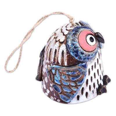 Ceramic bell ornament, 'Curious Owl' - Handcrafted and Painted Blue Owl Ceramic Bell Ornament