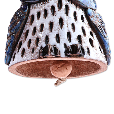 Adorno de campana de cerámica - Adorno de campana de cerámica de búho azul hecho a mano y pintado