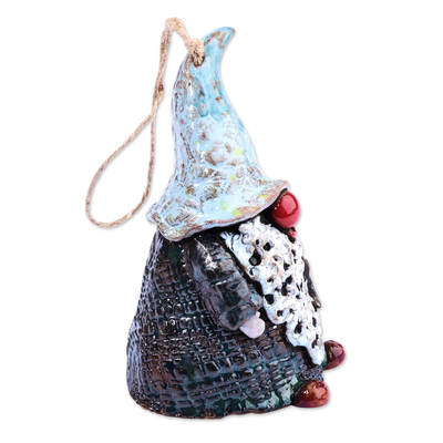 Ceramic bell ornament, 'Starry Gnome' - Gnome Ceramic Bell Ornament Handcrafted & Painted in Armenia