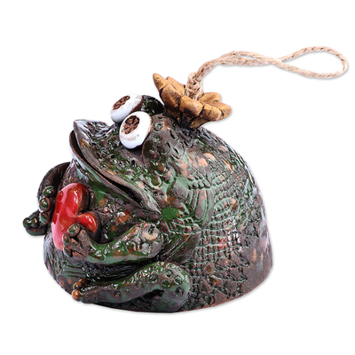 Ceramic bell ornament, 'Love-Struck Frog' - Handcrafted and Painted Frog and Heart Ceramic Bell Ornament