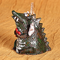 Keramikglocken-Ornament, „Love-Struck Dragon“ – handgefertigte und bemalte Drachen- und Herz-Keramikglocken-Ornament