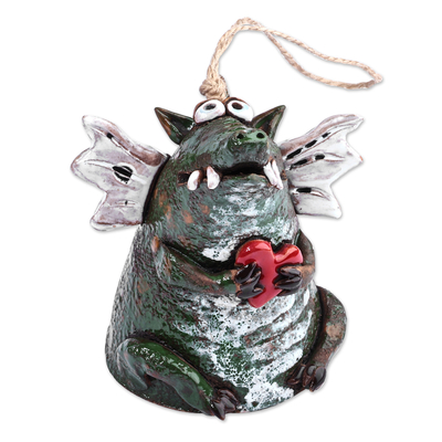 Ceramic bell ornament, 'Love-Struck Dragon' - Handcrafted and Painted Dragon & Heart Ceramic Bell Ornament