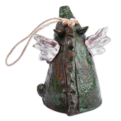Adorno de campana de cerámica, 'Dragón golpeado por el amor' - Adorno de campana de cerámica de dragón y corazón hecho a mano y pintado