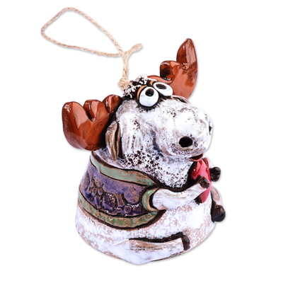 Ceramic bell ornament, 'Love-Struck Moose' - Handcrafted and Painted Moose & Heart Ceramic Bell Ornament