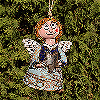 Adorno de campana de cerámica - Adorno de campana de cerámica con temática de ángel y estrella pintado a mano