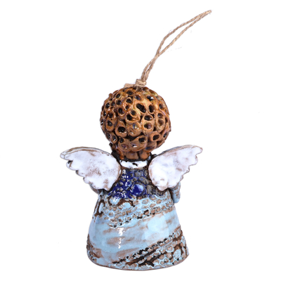 Ceramic bell ornament, 'Starkeeper Angel' - Hand-Painted Star and Angel-Themed Ceramic Bell Ornament