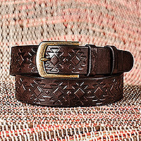 cinturón de cuero de los hombres - Cinturón de hombre de piel marrón oscuro con hebilla dorada envejecida