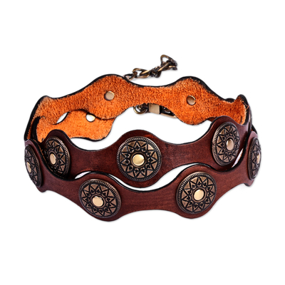 Cinturón de cuero - Cinturón de metal con acabado envejecido y cuero marrón de Armenia