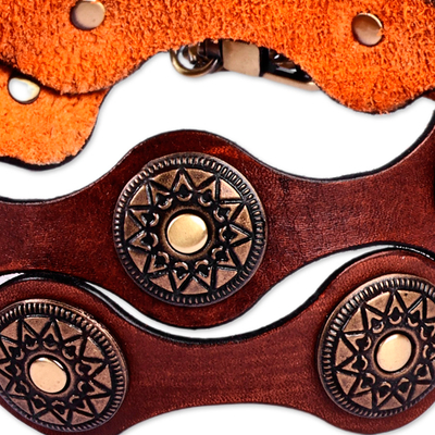Leather belt, 'Magnificence Cores' - Antiqued Finished Metal and Brown Leather Belt from Armenia