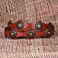 Cinturón de cuero, 'Fiery Cores' - Cinturón de cuero rojo y metal con acabado antiguo de Armenia