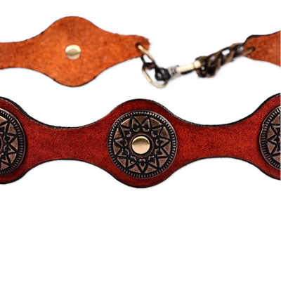 Leather belt, 'Fiery Cores' - Antiqued Finished Metal and Red Leather Belt from Armenia