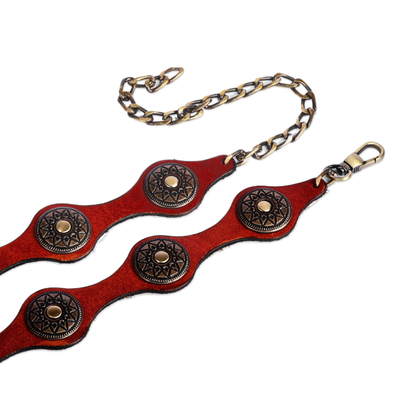 Leather belt, 'Fiery Cores' - Antiqued Finished Metal and Red Leather Belt from Armenia