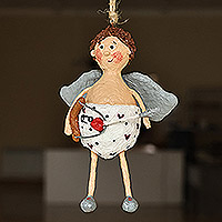 Papier mache ornament, 'Amur' - Hand-Painted Whimsical Papier Mache Love Cherub Ornament