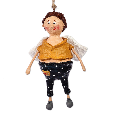 Papier mache ornament, 'Angelo' - Hand-Painted Whimsical Papier Mache Flying Kid Ornament