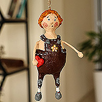 Papier mache ornament, 'George' - Hand-Painted Whimsical Papier Mache In-Love-Kid Ornament