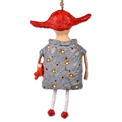 Papier mache ornament, 'Sandra' - Hand-Painted Papier Mache Ornament of Girl with Fox Toy