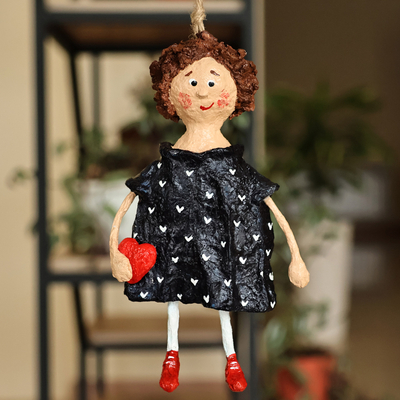 Papier mache ornament, 'Loanna' - Hand-Painted Papier Mache Ornament of Girl Holding a Heart