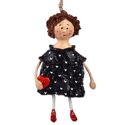 Papier mache ornament, 'Loanna' - Hand-Painted Papier Mache Ornament of Girl Holding a Heart