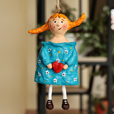Papier mache ornament, 'Bea' - Hand-Painted Romantic Papier Mache In-Love-Girl Ornament