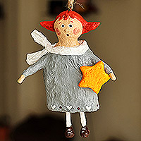 Papier mache ornament, 'Veronika' - Hand-Painted Wish Star-Themed Papier Mache Ornament in Grey