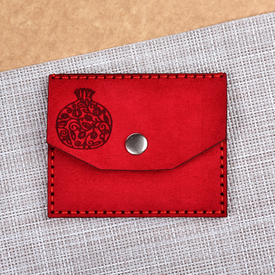 Suede card holder, 'Days of Passion' - Pomegranate-Themed 100% Suede Card Holder in Red