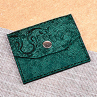 Suede card holder, 'Days of Harmony' - Green Suede Card Holder Accented with the Armenian Letter M