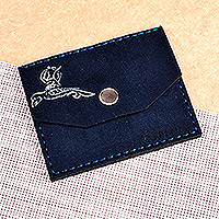 Suede card holder, 'Days of Enchantment' - Navy Suede Card Holder Accented with an Armenian Bird Letter