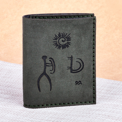 Suede wallet, 'Fortunate Heritage' - Dark Grey 100% Suede Wallet with Ancient Pictograph Details