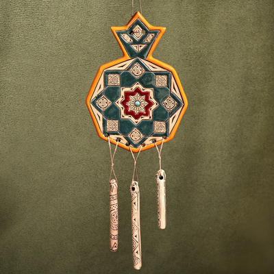 Ceramic wall decor, 'Starry Amulet' - Traditional Teal and Yellow Ceramic Pomegranate Wall Decor