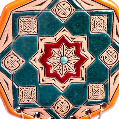 Ceramic wall decor, 'Starry Amulet' - Traditional Teal and Yellow Ceramic Pomegranate Wall Decor