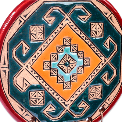 Ceramic wall decor, 'Artsakh Fortune' - Traditional Red and Teal Ceramic Pomegranate Wall Decor