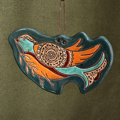 Ceramic wall decor, 'Peaceful Pigeon' - Traditional Pigeon-Themed Teal Ceramic Daghghan Wall Decor