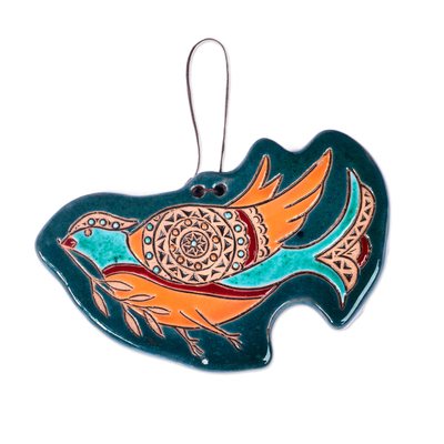 Ceramic wall decor, 'Peaceful Pigeon' - Traditional Pigeon-Themed Teal Ceramic Daghghan Wall Decor