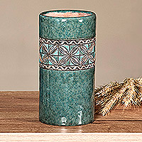 Keramikvase, „Armenische Säule“ – Mosaik-inspirierte grüne und aquamarinfarbene Keramikvase