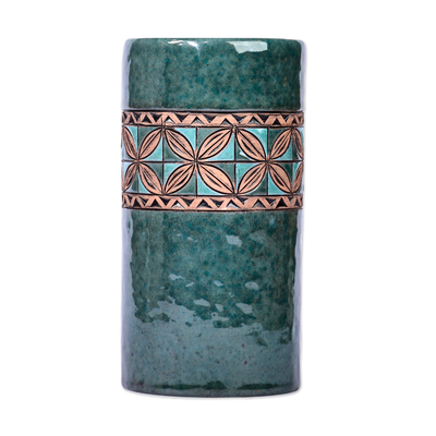 Ceramic vase, 'Armenian Pillar' - Mosaic-Inspired Green and Aqua Cylinder Ceramic Vase