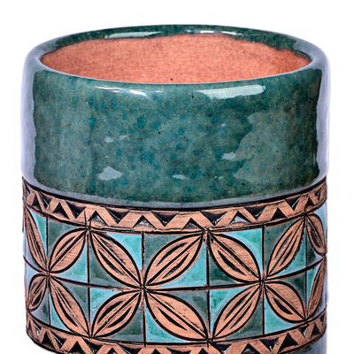 Jarrón de ceramica - Jarrón cilíndrico de cerámica verde y aguamarina inspirado en mosaicos