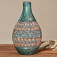 Jarrón de cerámica, 'Era armenia' - Jarrón de cerámica de botella redonda verde y marrón inspirado en mosaicos