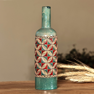 Jarrón de ceramica - Jarrón de cerámica con forma de botella, verde y rojo, inspirado en mosaicos