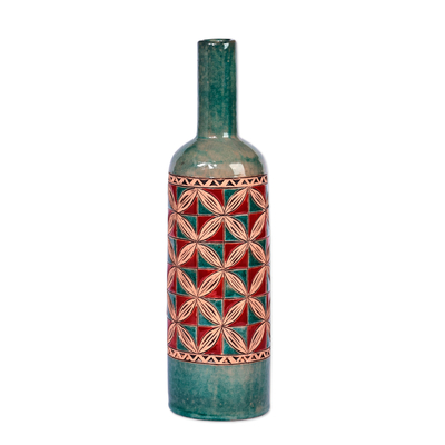 Jarrón de ceramica - Jarrón de cerámica con forma de botella, verde y rojo, inspirado en mosaicos