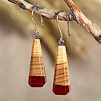 Wood and resin dangle earrings, 'Crimson Bliss' - Apricot Wood and Crimson Resin Dangle Earrings from Armenia