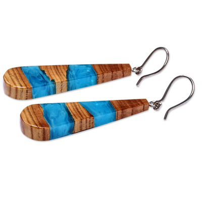 Pendientes colgantes de madera y resina - Pendientes colgantes de resina azul de madera de albaricoque en forma de gota